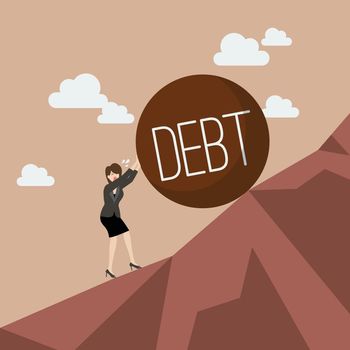 Business woman pushing heavy debt uphill