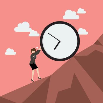 Business woman pushing huge clock uphill