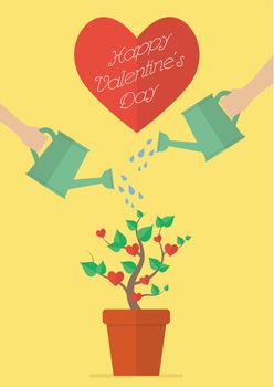 Couple watering love plant. Happy Valentine's Day Greeting Card