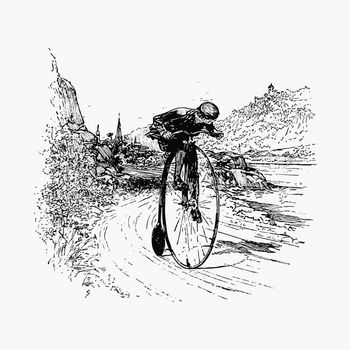 Big wheel cyclist vintage drawing