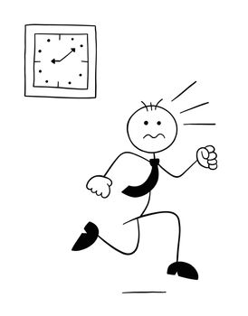 Stickman businessman character running late and running, vector cartoon illustration