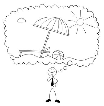 Stickman businessman character dreams of going on vacation, vector cartoon illustration