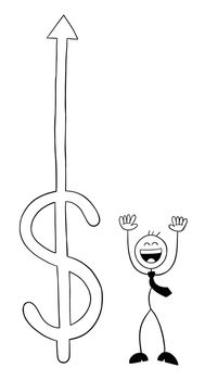 Dollar is rising and stickman businessman character so happy, vector cartoon illustration