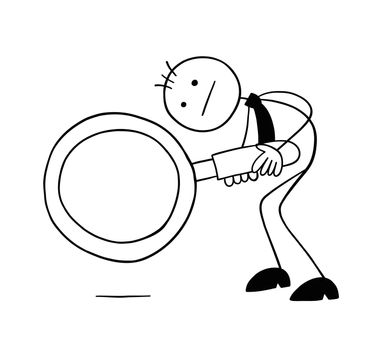 Stickman businessman character looking down with a magnifying glass, vector cartoon illustration