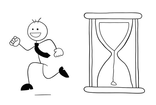 The hourglass has started and stickman businessman character is running and happy, vector cartoon illustration