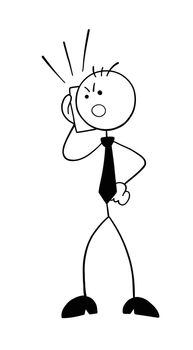 Stickman businessman character angry and talking on the phone, vector cartoon illustration