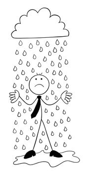 It's raining, stickman businessman character getting wet and unhappy, vector cartoon illustration
