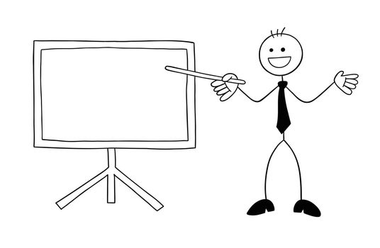 Stickman businessman character happy and in front of the whiteboard and pointing with a stick, vector cartoon illustration