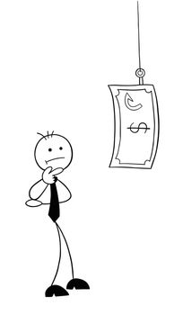 Stickman businessman character confused about fishing rod and dollar money bait, vector cartoon illustration