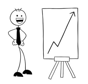 Stickman businessman character with the rising sales chart and very happy, vector cartoon illustration