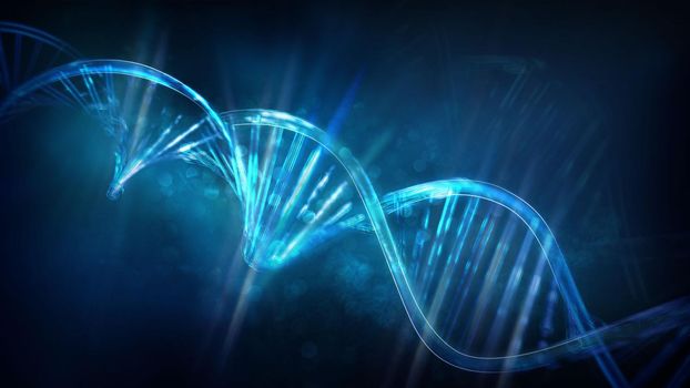 Glowing DNA strands on a dark blue background, 3D render.