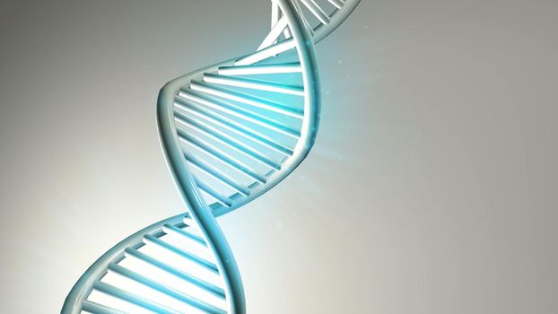 DNA double helix model on a light gray background, 3D render.