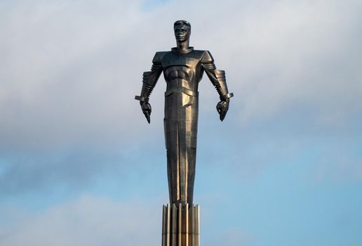 February 7, 2021. Moscow, Russia. Monument to the first cosmonaut was frozen to Yuri Gagarin on Leninsky Prospekt in Moscow.