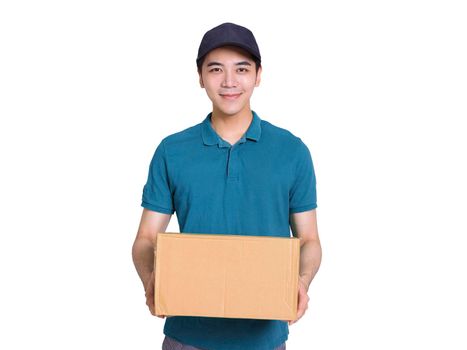 Young  delivery man holding carton package isolated on white