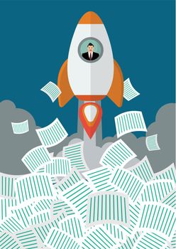 Businessman on rocket get away from a lot of documents. Office conccept