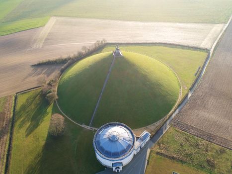 Aerial view of The Lion's Mound with farm land around. Waterloo, Belgium