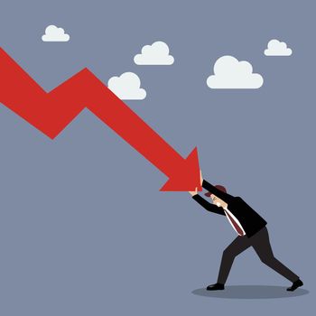 Businessman pushing hard against falling graph down. Business Concept
