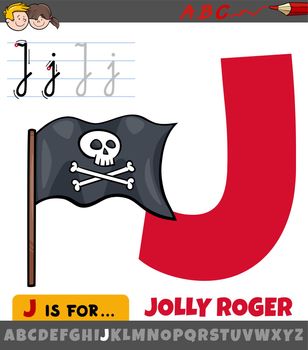 letter J from alphabet with cartoon Jolly Roger flag