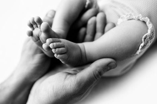 Feet of a newborn in the hands of a father, parent. Black and white. 