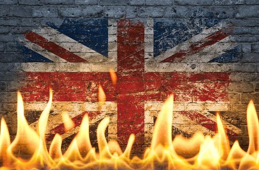 British UK flag in fire flames