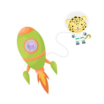 Cute little hippo flying in green rocket. Cartoon jaguar character in space costume with rocket on white background. Design for baby shower, invitation card, wall decor. Vector illustration