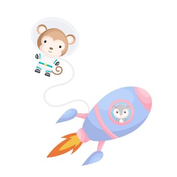 Cute little possum flying in blue rocket. Cartoon monkey character in space costume with rocket on white background. Design for baby shower, invitation card, wall decor. Vector illustration