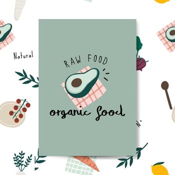 Raw organic food avocado card vector