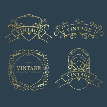 Set of vintage golden art nouveau badges on blue vector