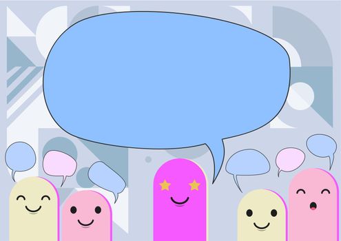 Cartoon Heads Drawing Drawing With Speech Bubble Showing Conversation. Different Caricature With Discussion Balloon Displaying Communication Exchange.
