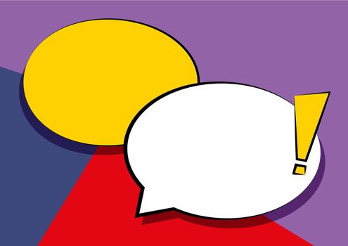 Two Colorful Overlapping Speech Bubble Drawing With Exclamation Mark. Double Flashy Overlying Conversation Balloon With Punctuation Sign.