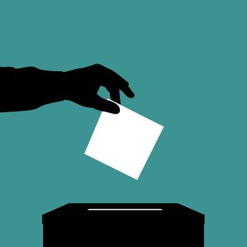 Silhouette of voter man putting ballot into voting box on green background