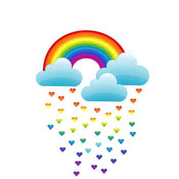 Rainbow, clouds and heart-shaped raindrops