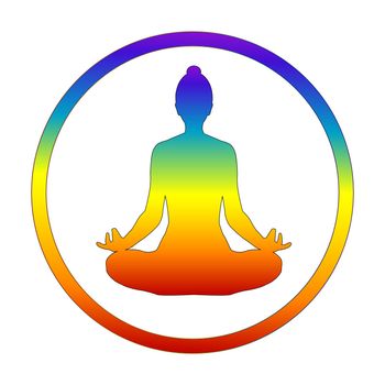 Silhouette of yogi in lotus position in chakra colors
