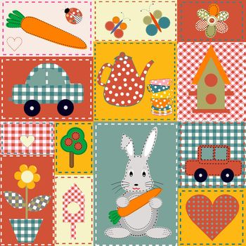 Scrapbook patchwork with bunny and sewn items