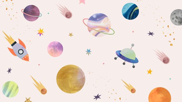 Colorful galaxy watercolor doodle on pastel background vector