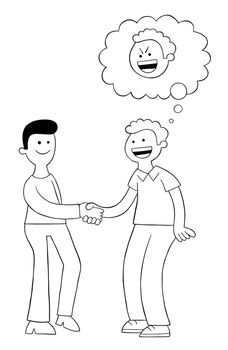 Cartoon two men shake hands and look happy but one of them is malicious, vector illustration