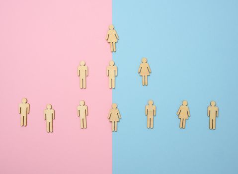 wooden figures on a blue pink background, hierarchical organizational structure of management, effective management model in the organization