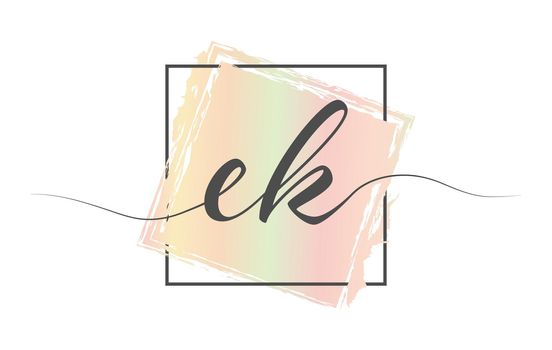 Calligraphic lowercase letters EK in a single line on a colored background in a frame