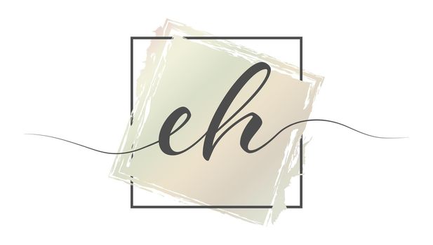 Calligraphic lowercase letters EH in a single line on a colored background in a frame