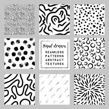 monochrome white and black minimalistic trendy hand drawn seamless patterns set