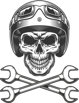 Monochrome motorcyclist skull in moto helmet