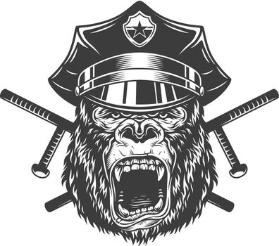 Ferocious gorilla head in police cap