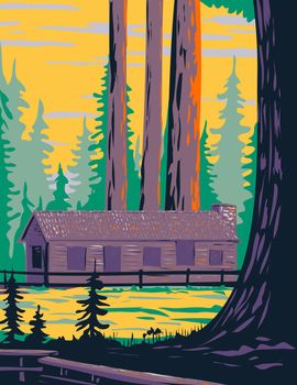 Mariposa Grove Cabin with General Grant and General Sheridan Tree Located in Yosemite National Park California United States of America WPA Poster Art