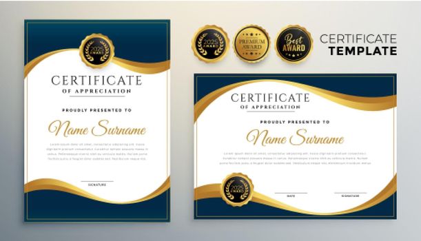 wave style diploma certificate multipurpose template in premium golden style