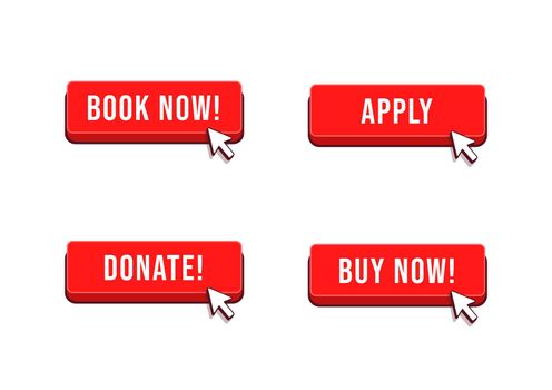 Book now, Apply, Donate, Buy now  button with arrow cursor set.