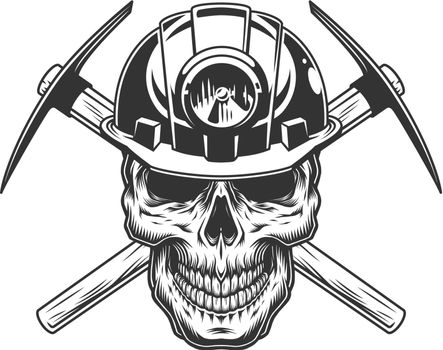 Vintage monochrome skull in miner helmet