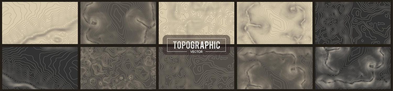 Set of 10 Topographic map contour backgrounds. Topo map with elevation. Contour map vector. Geographic World Topography map grid abstract vector illustration .