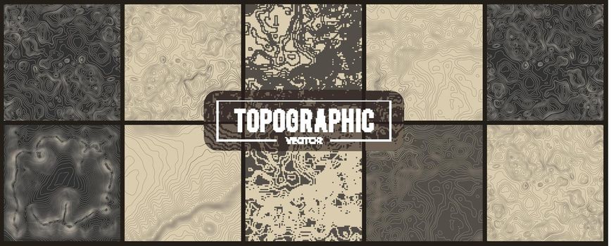 Set of 10 Topographic map contour backgrounds. Topo map with elevation. Contour map vector. Geographic World Topography map grid abstract vector illustration .