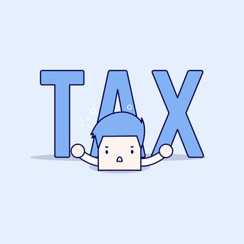 Big tax is over the businessman. Cartoon character thin line style vector.
