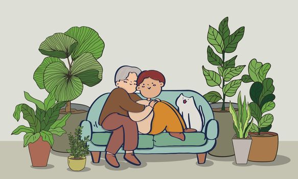 Couple in love, Old couple Stay at home. Senior Man and woman sitting on sofa.